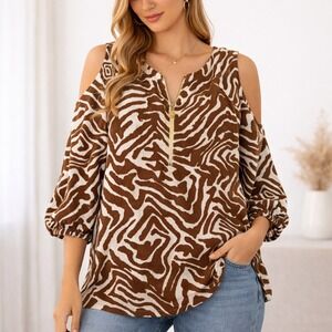 Ellen Tracy Blouse Women L Brown Cold Shoulder Linen Blend Zebra Animal Print